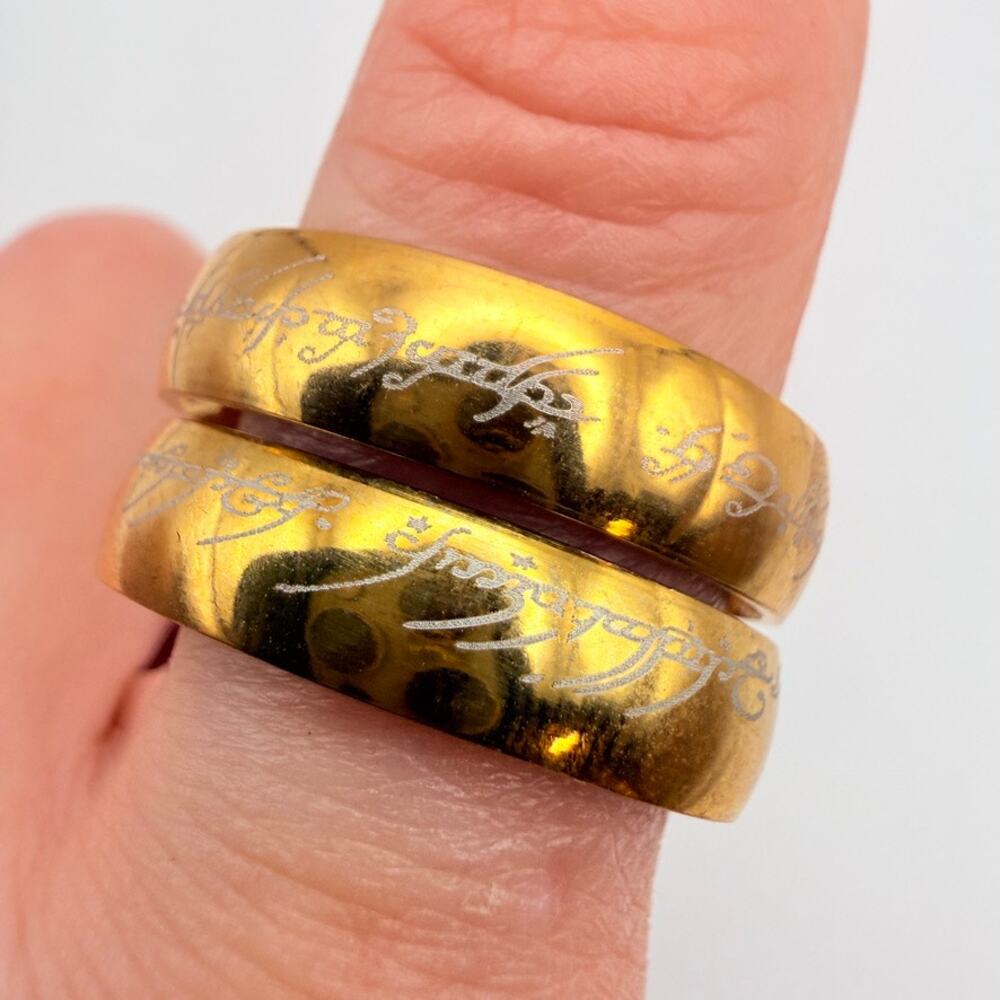 Lot of 2 Gold Electroplated Stainless Steel One Ring Elvish Script Bands Size 13